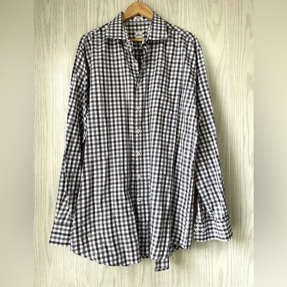 PETER MILLAR  Brown and White Checkered 100% Cotton Button Shirt Men's XL TALL - Picture 1 of 3